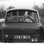 Ein vollbesetzter Trabant 601 mit Orangen und Bananen auf der Heckscheibenablage fährt über die Autobahn A2 in Richtung Berlin.